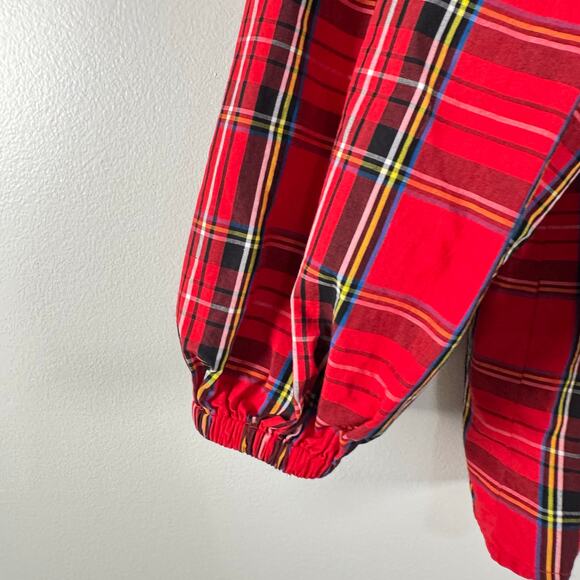 J. Crew Red Smocked Neck Top Good Tidings Plaid Ruffled Relaxed Womens Size M - Picture 4 of 9
